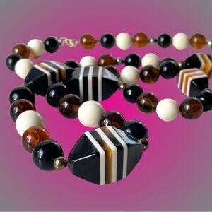 Vtg torti brown black ivory Art Deco style beaded necklace statement